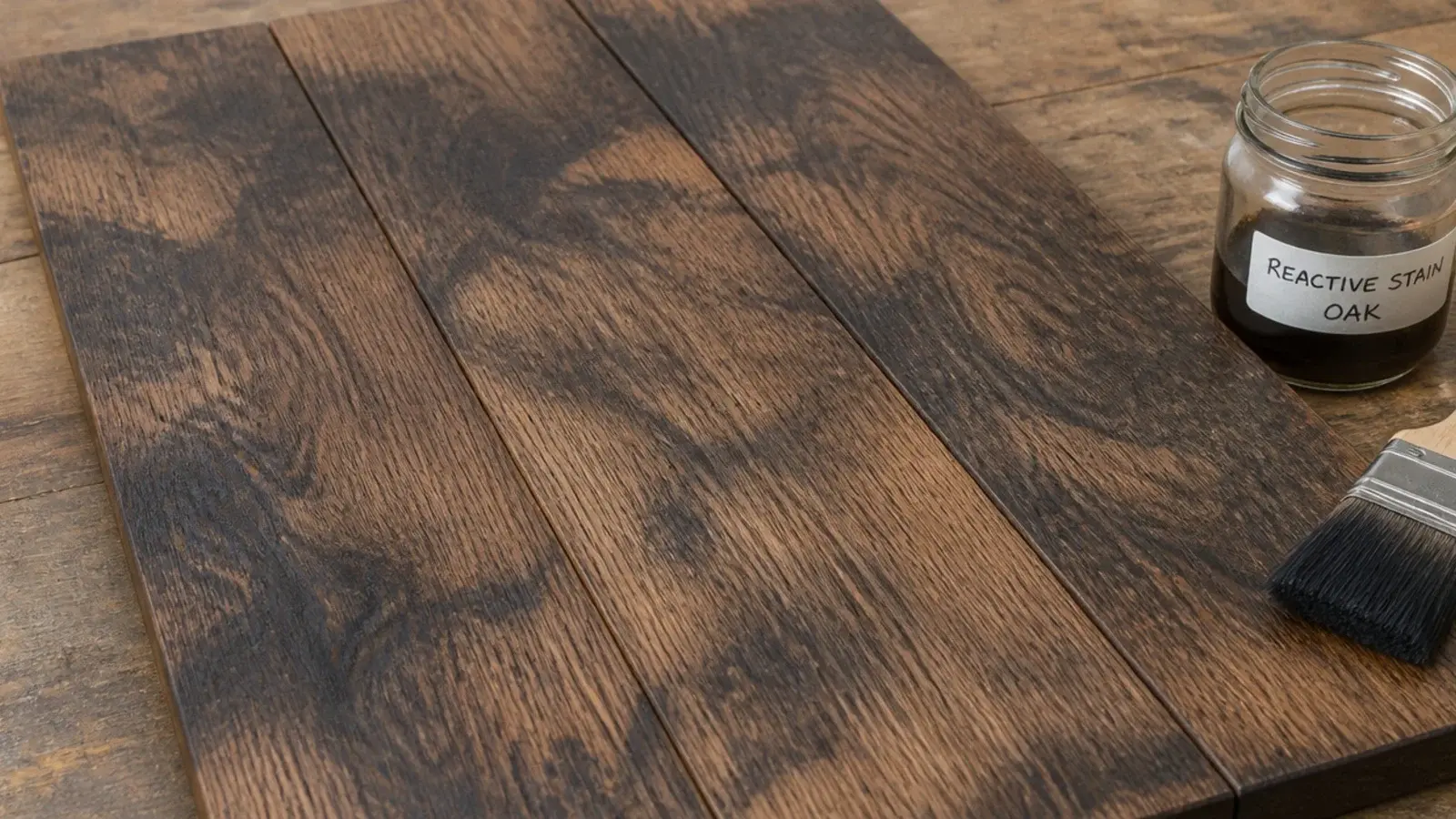 reactive stained oak where tannin has darkened the grain in patches