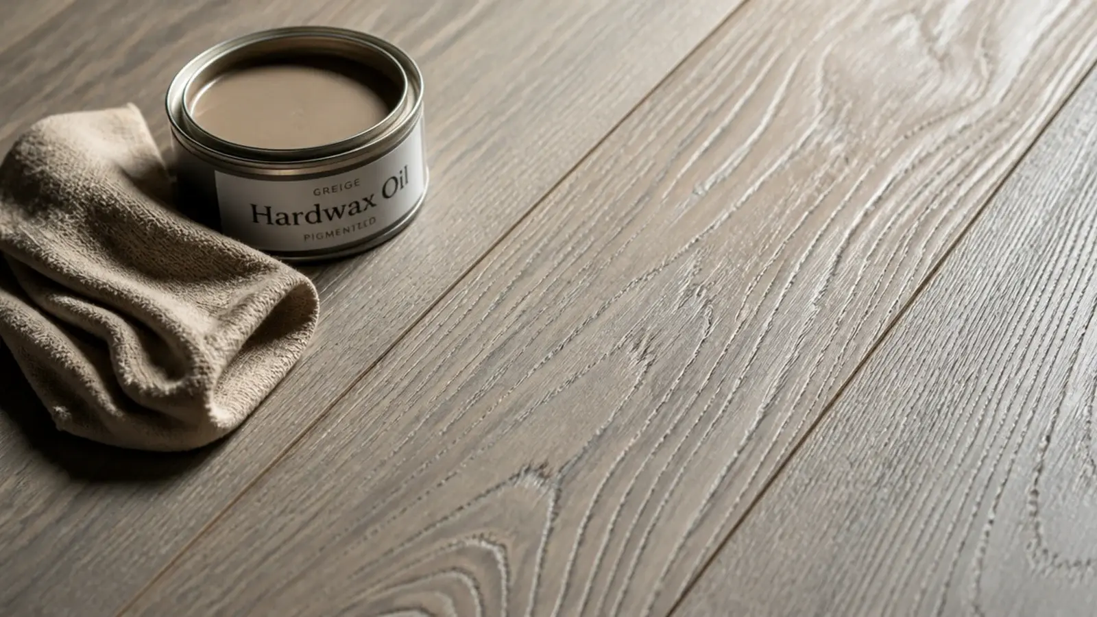 pigmented hardwax oil sitting in brushed grain on a greige floor