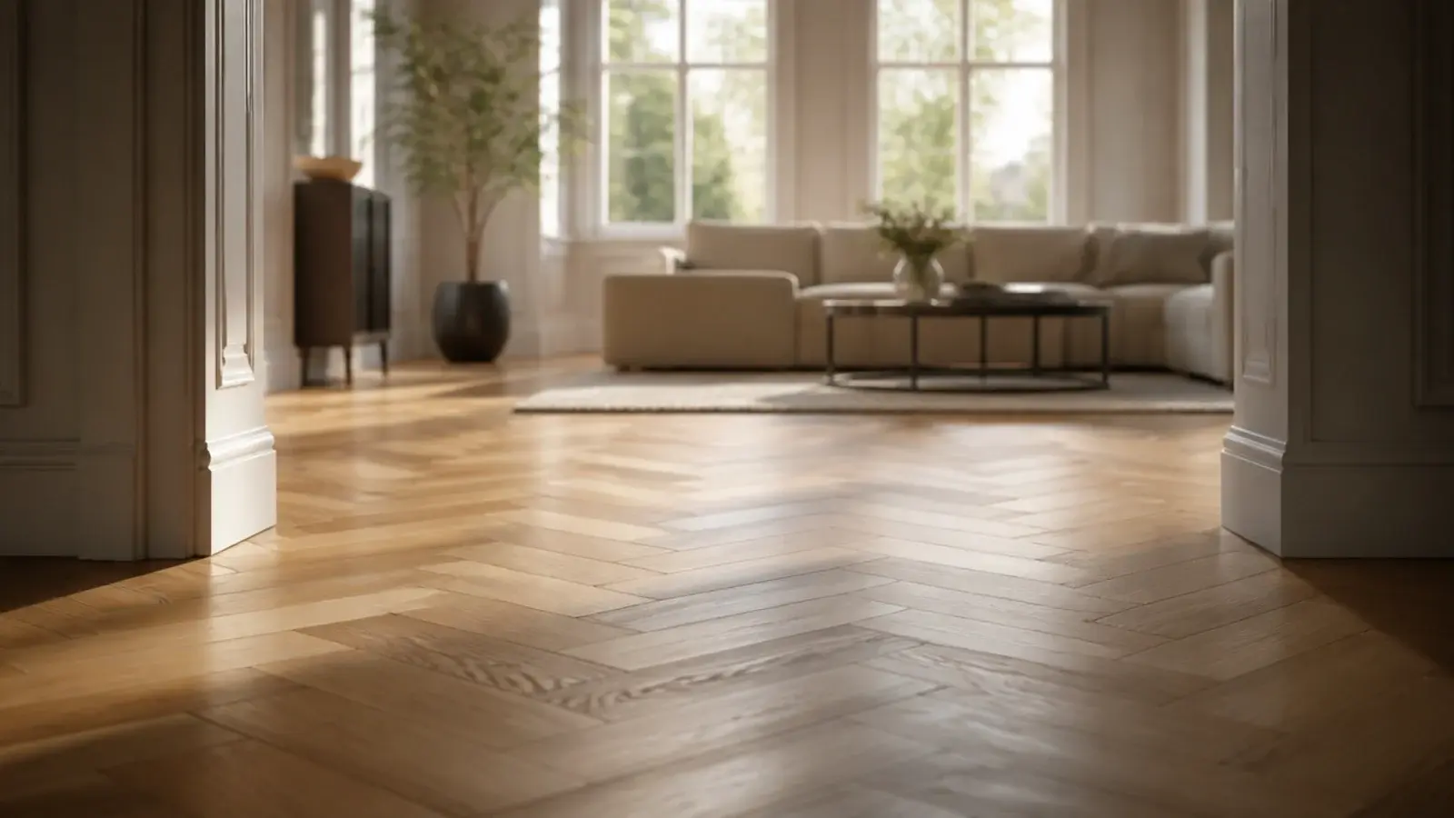 wooden parquet flooring in herringbone oak filling a bright reception room