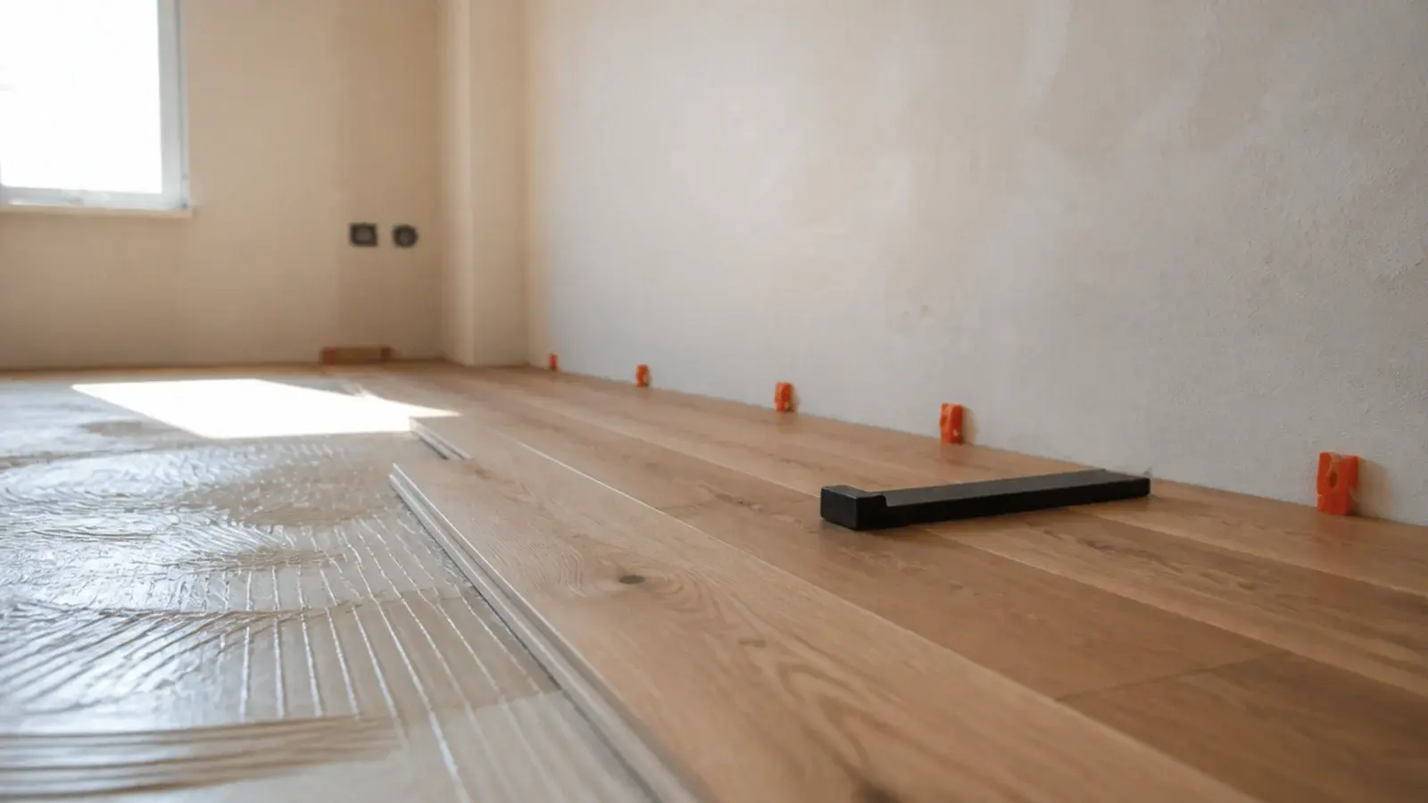 wooden plank flooring being laid across a bright empty room with spacers