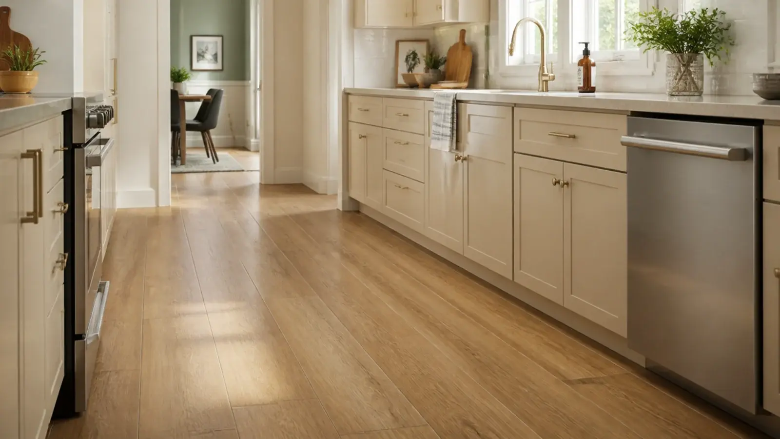 wooden tiles flooring in warm oak laid across a bright open kitchen floor