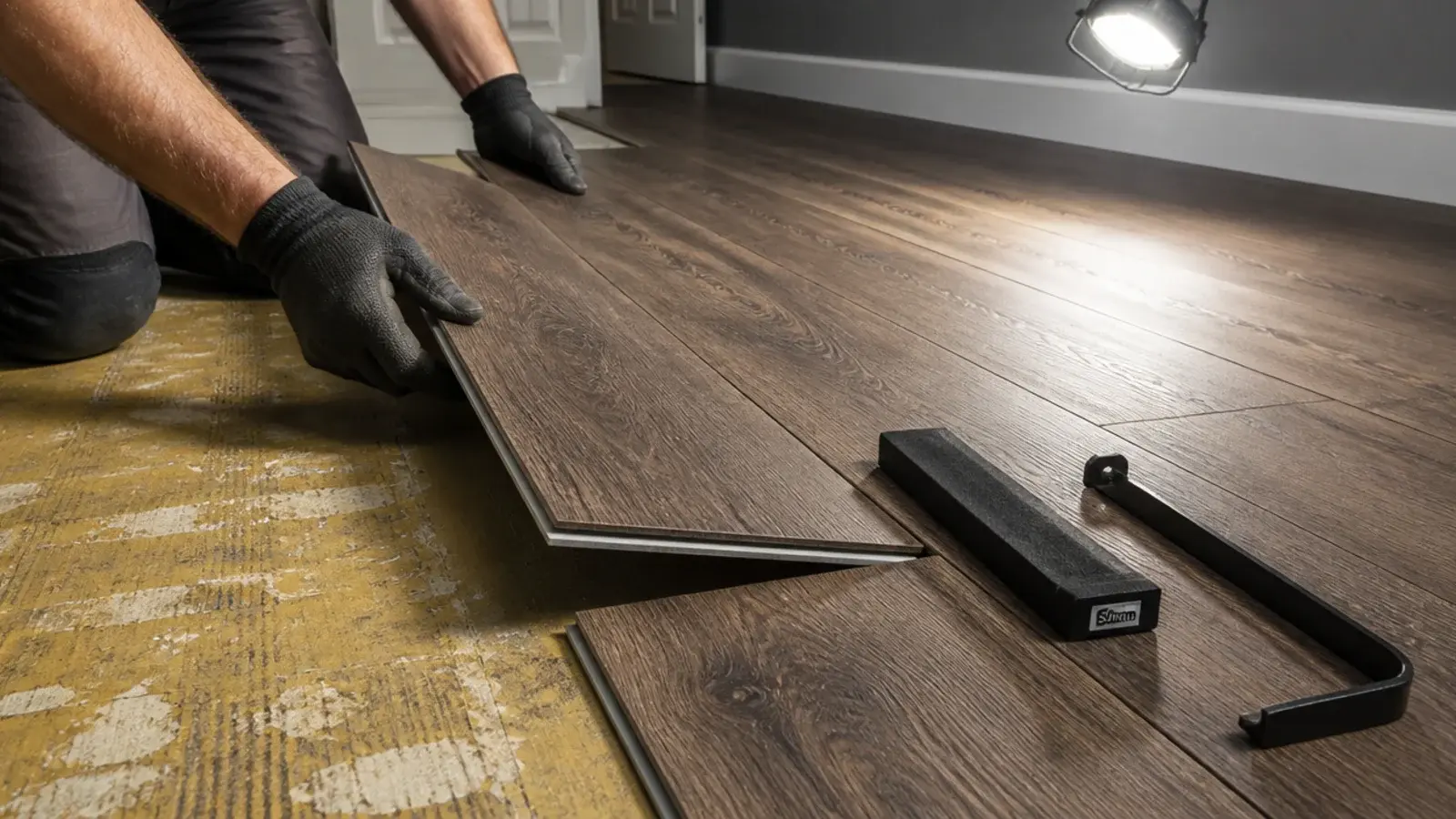 click plank being angled into place over an existing bedroom floor