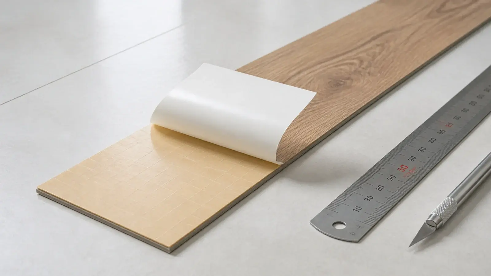 thin self adhesive plank with backing paper peeled halfway away