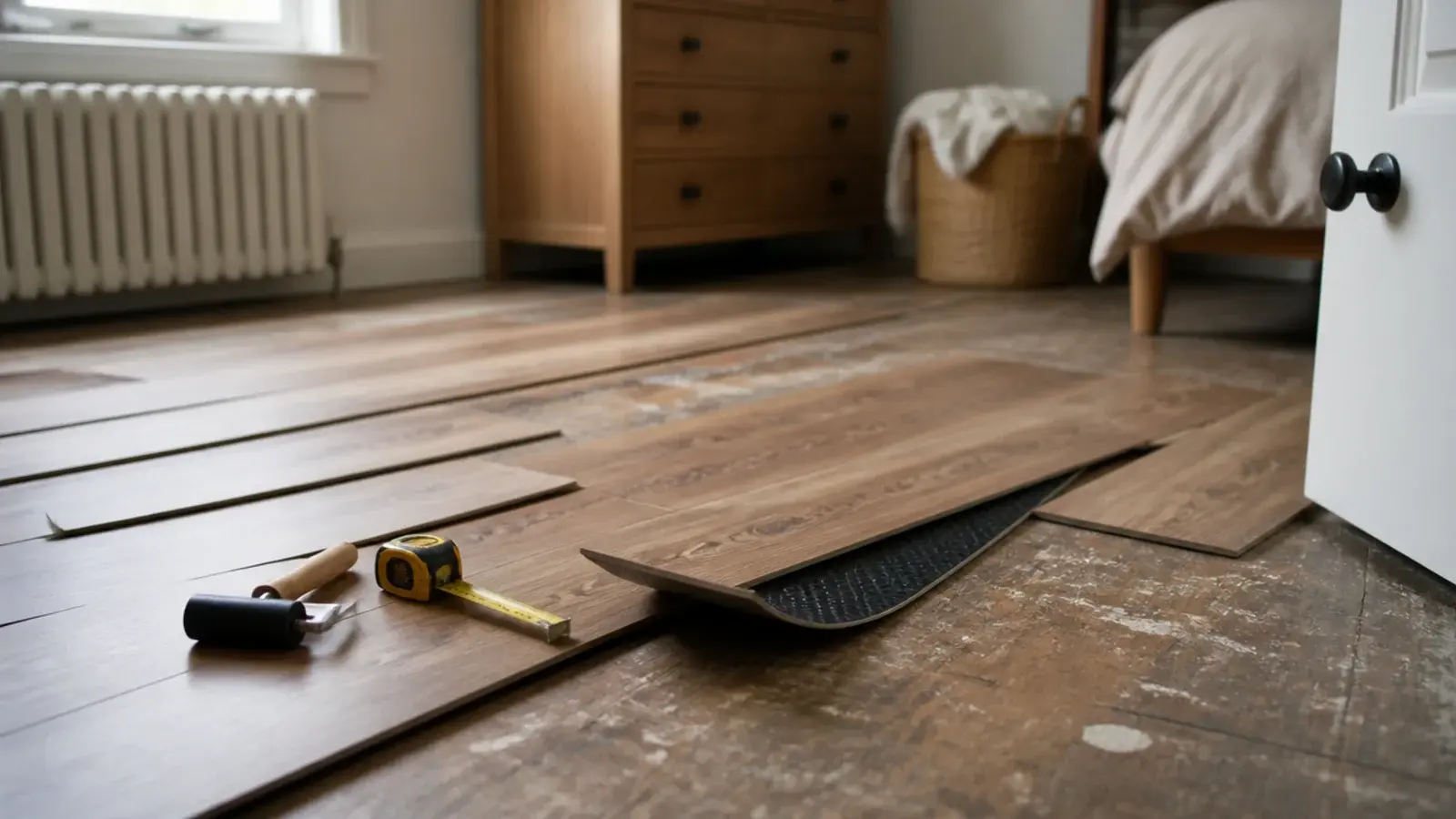 heavy loose lay planks resting flat on an uneven older bedroom floor