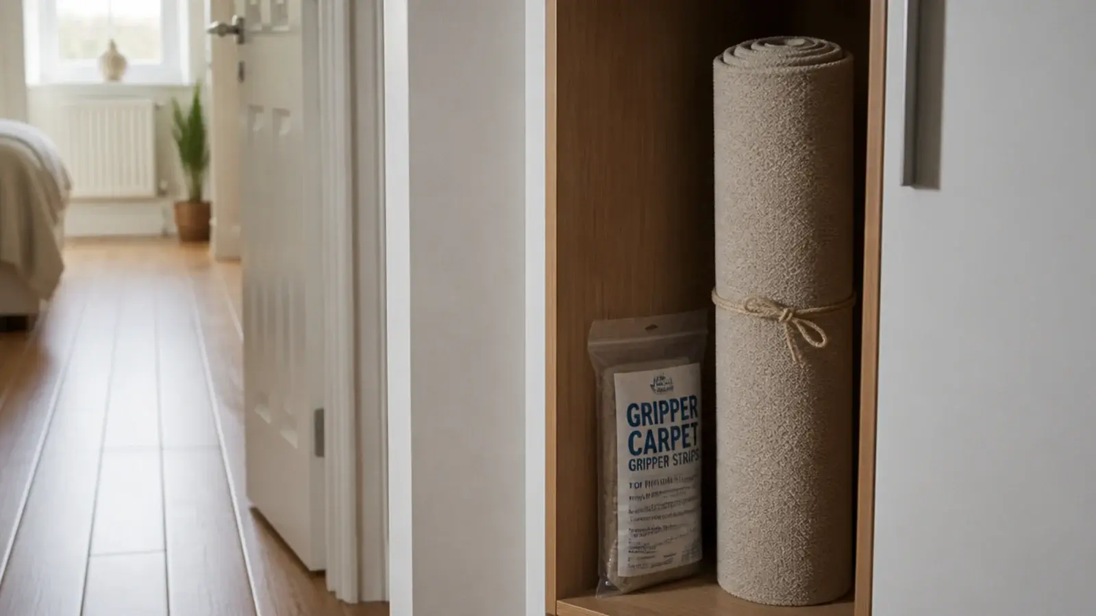 rolled bedroom carpet stored upright in a wardrobe corner