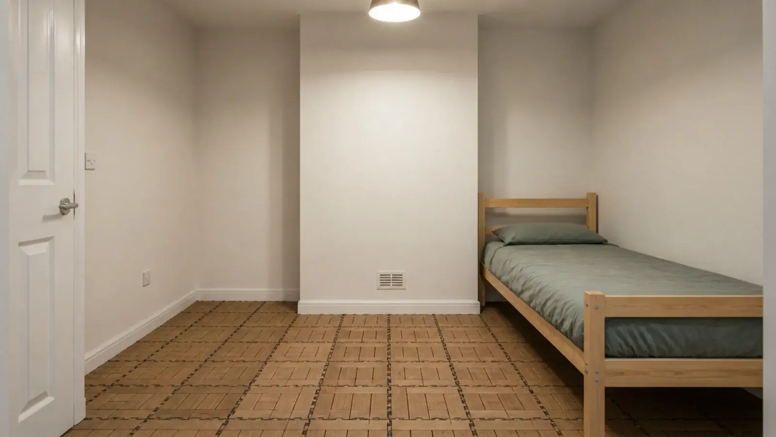 interlocking wood effect tiles clicking together across a tiny bedroom