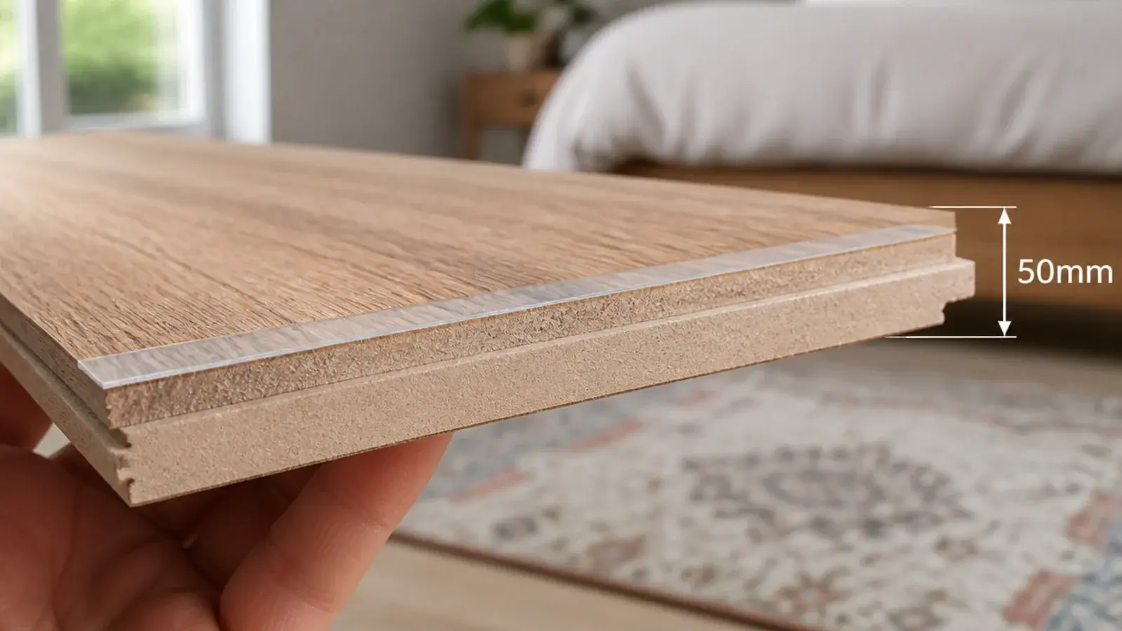 plank edge showing a thin clear wear layer above printed grain
