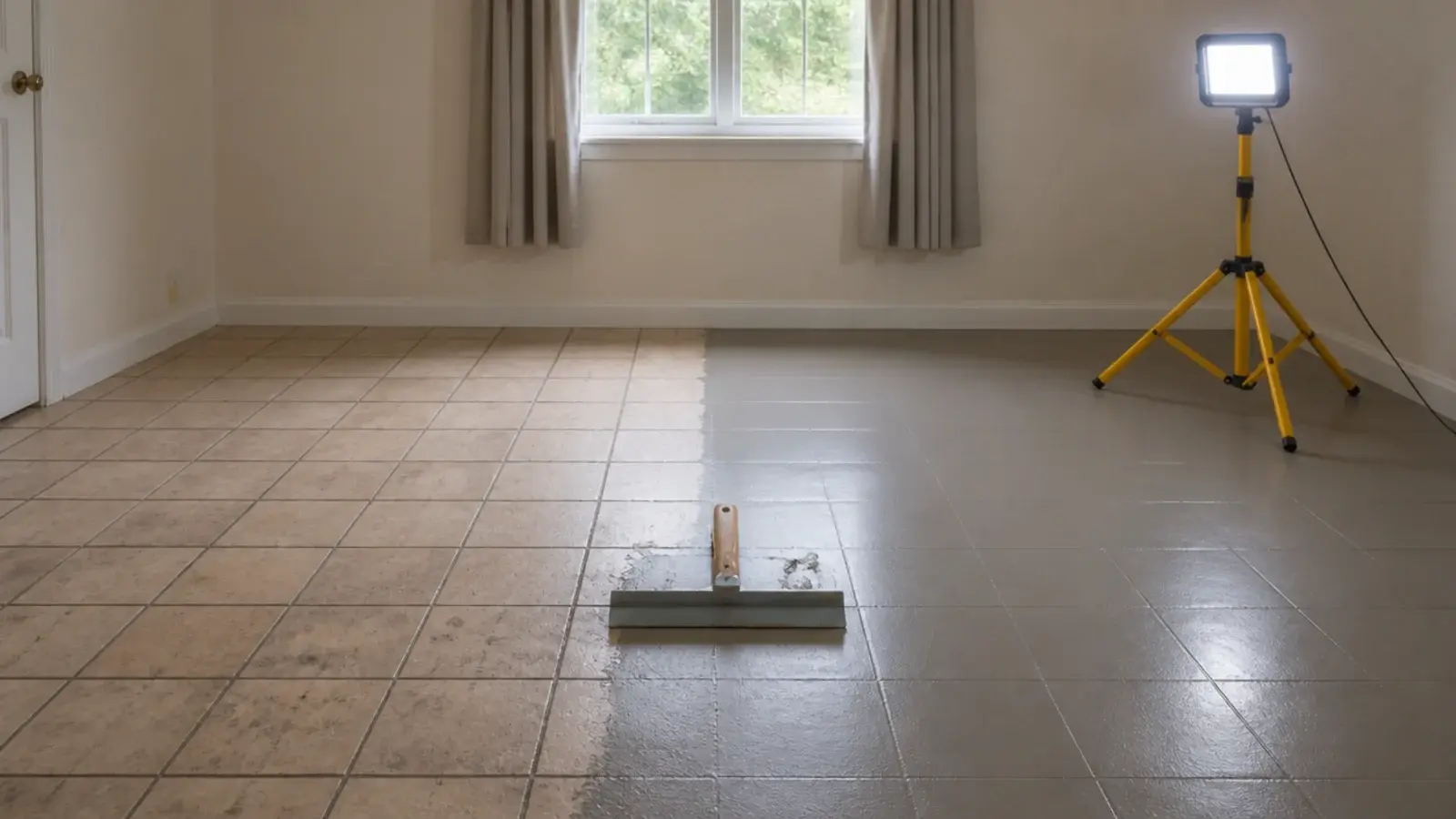 levelling compound smoothed into grout lines on an old tiled floor