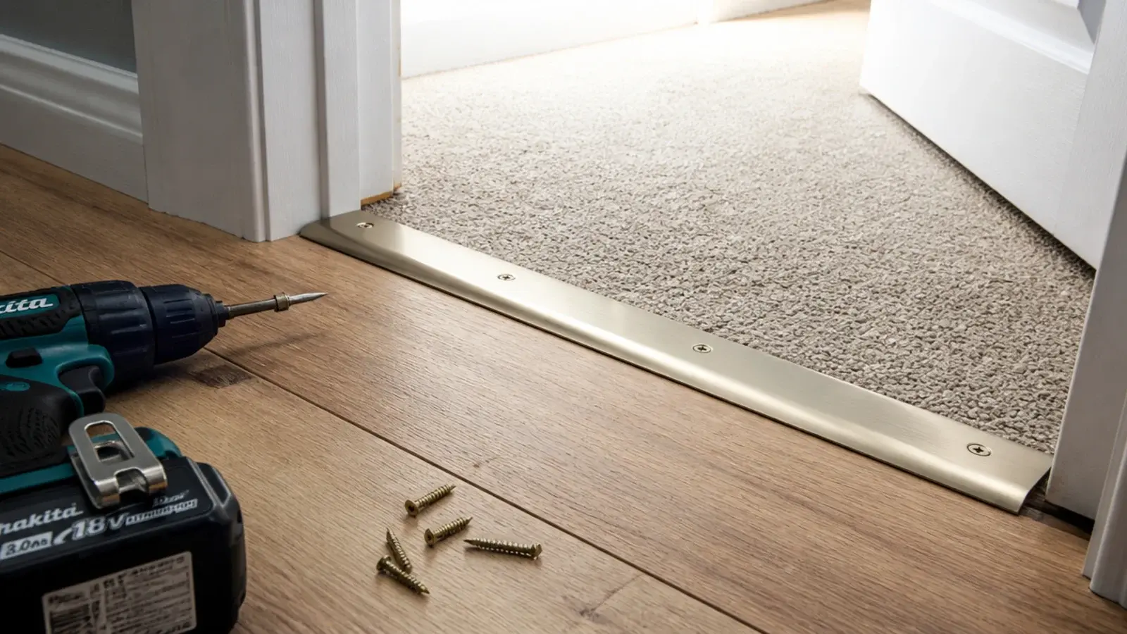 threshold trim screwed into the subfloor between two floor finishes