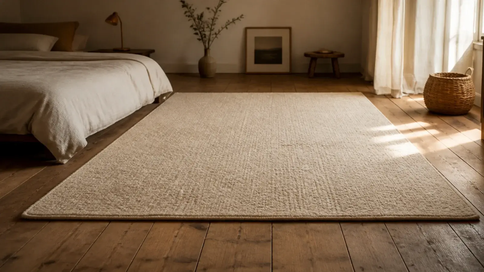 large soft rug covering the centre of a plank floored bedroom