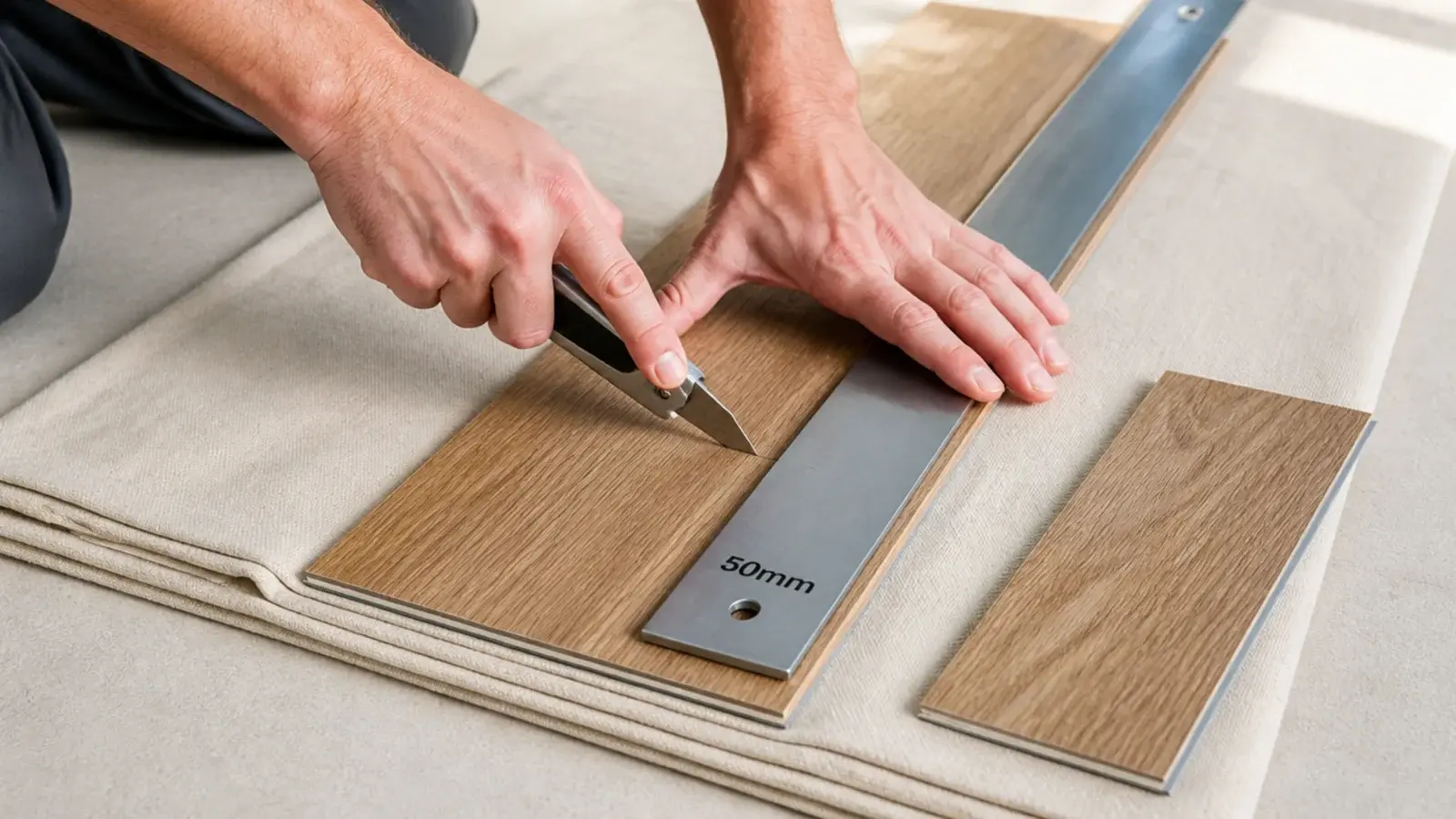 utility knife scoring a vinyl plank against a metal straightedge