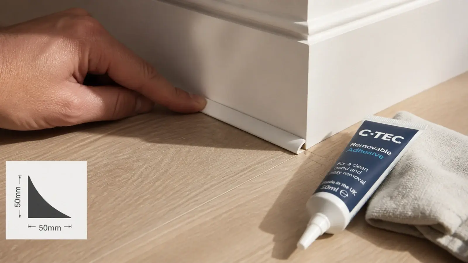 slim quadrant bead pressed against skirting above a new plank floor