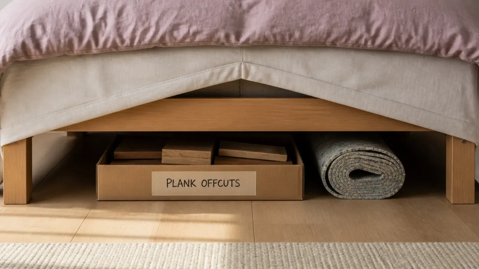 labelled box of plank offcuts stored flat under a bed frame