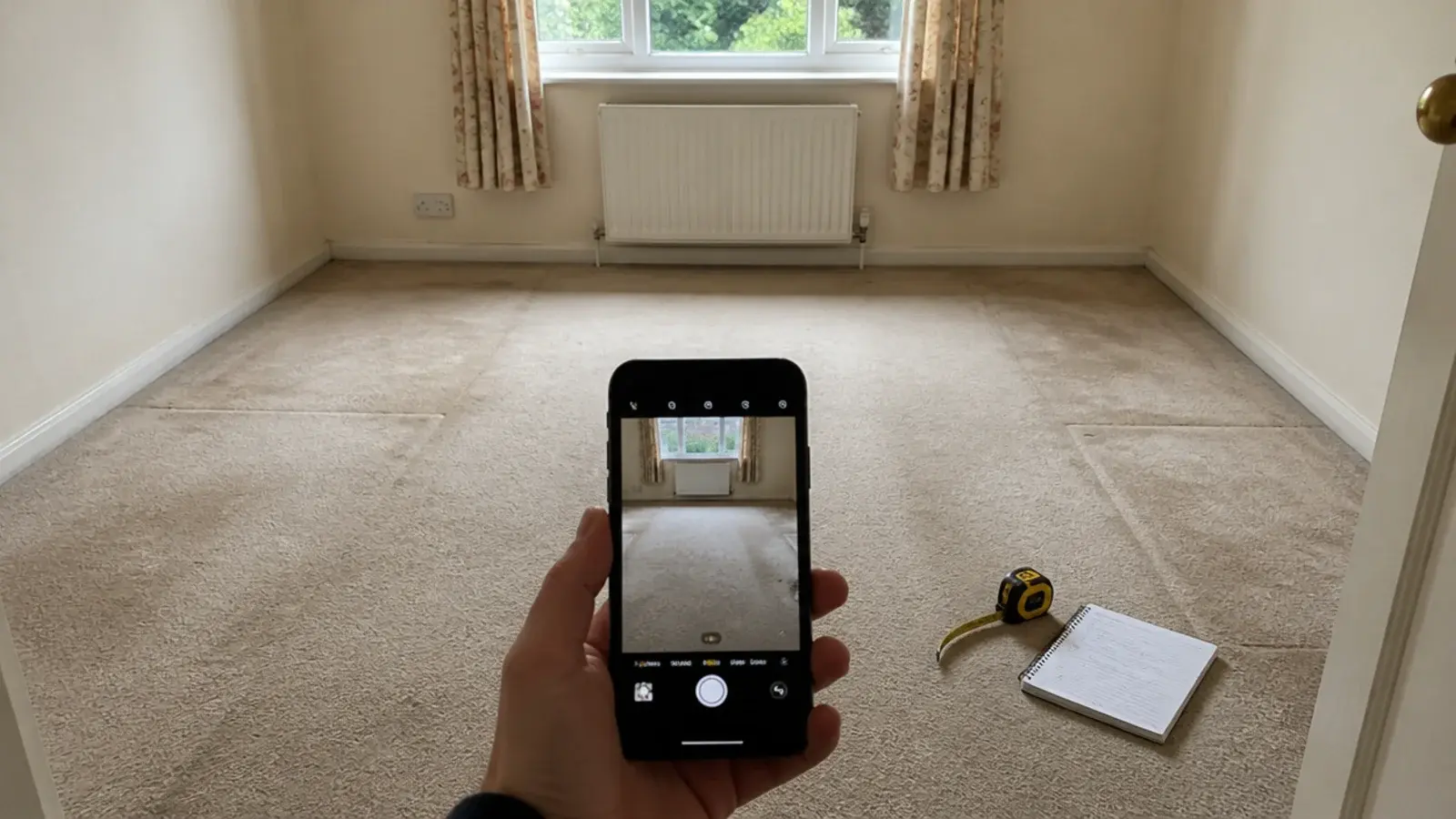phone photographing an existing bedroom carpet before work begins