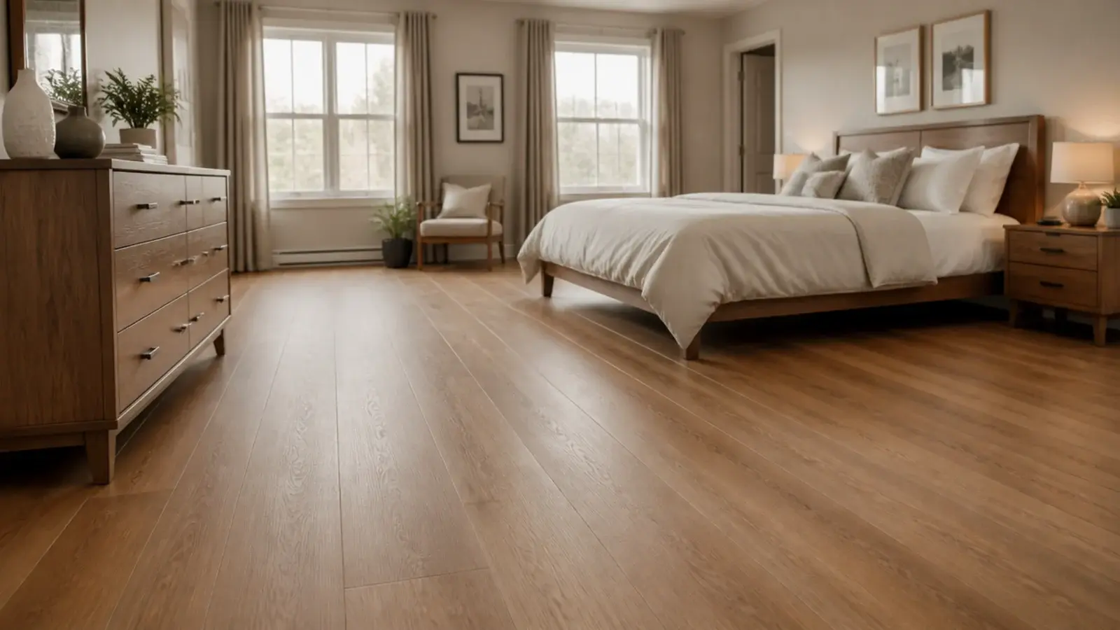 wide format wood effect planks running across a larger rented bedroom