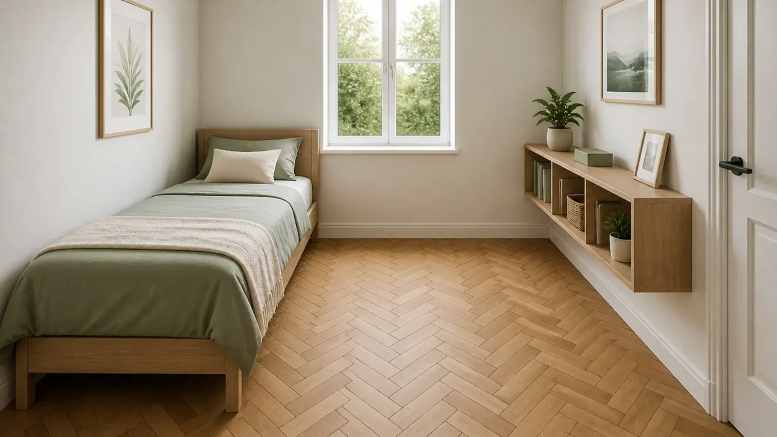 short wood effect planks laid in herringbone across a small bedroom