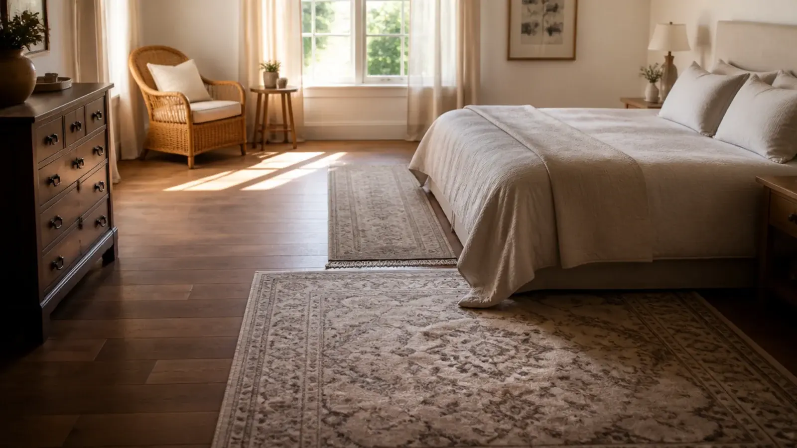 runner and rug arranged to break a large plank floor into zones