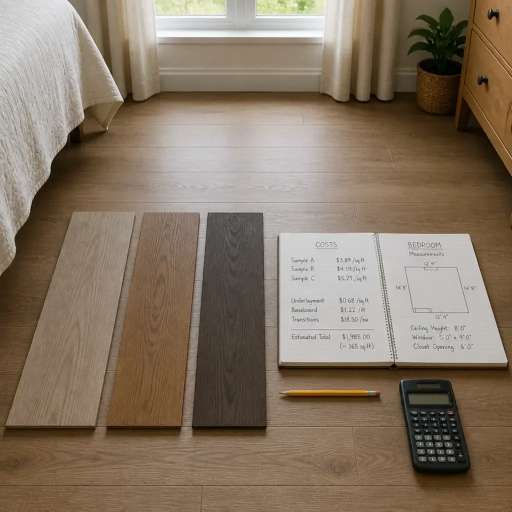 plank samples and a notebook of costs laid out on a bedroom floor