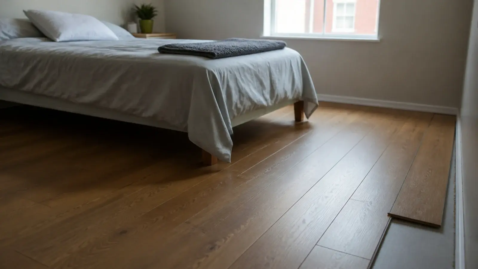 wooden tiles flooring bedroom in warm oak plank format beside a linen bed