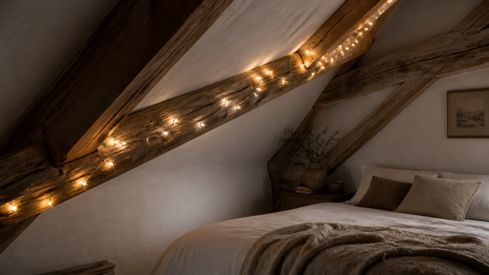 warm led string lights threaded along an exposed attic rafter