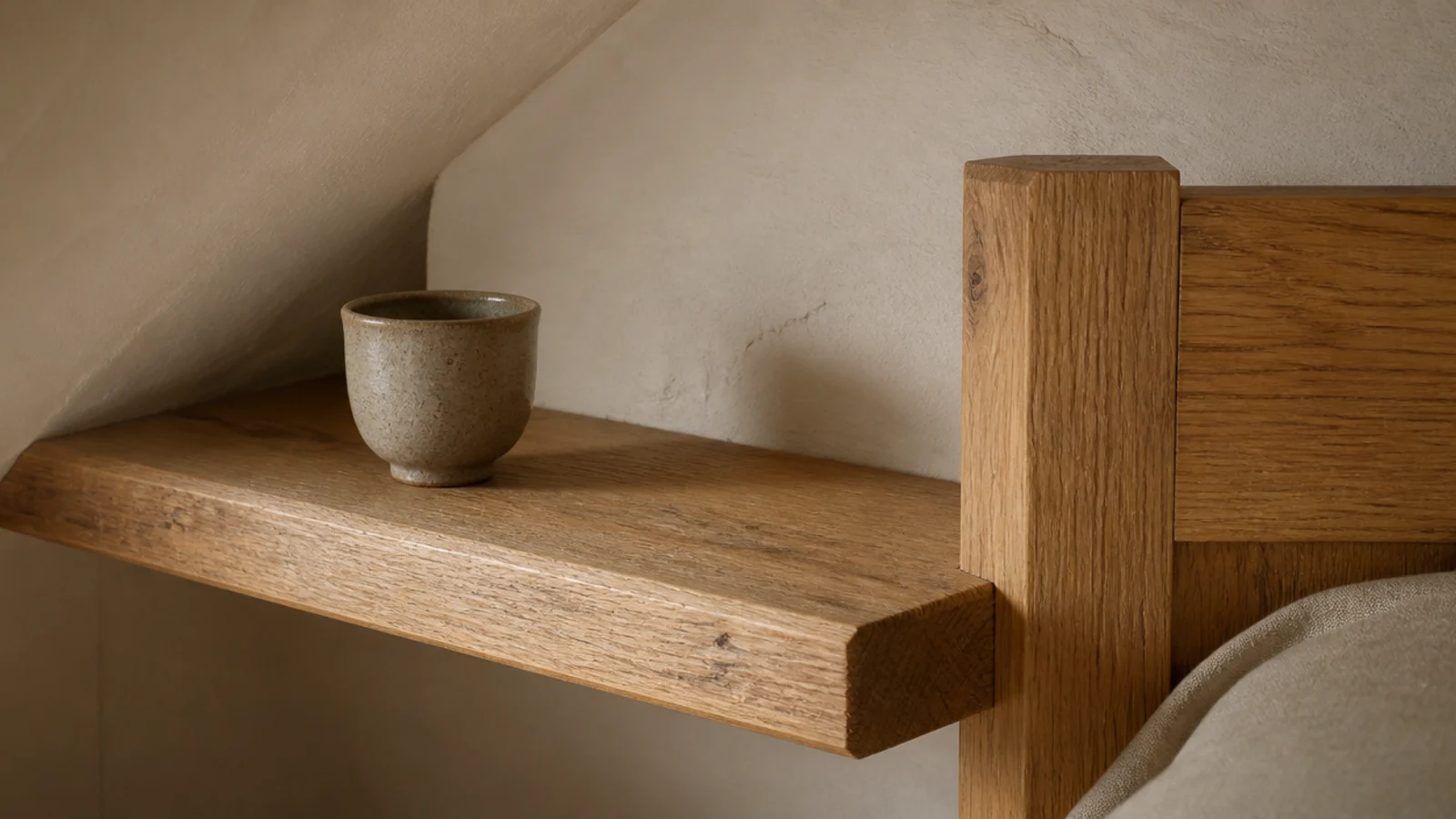 raw waxed oak ledge and bed frame against pale attic plaster