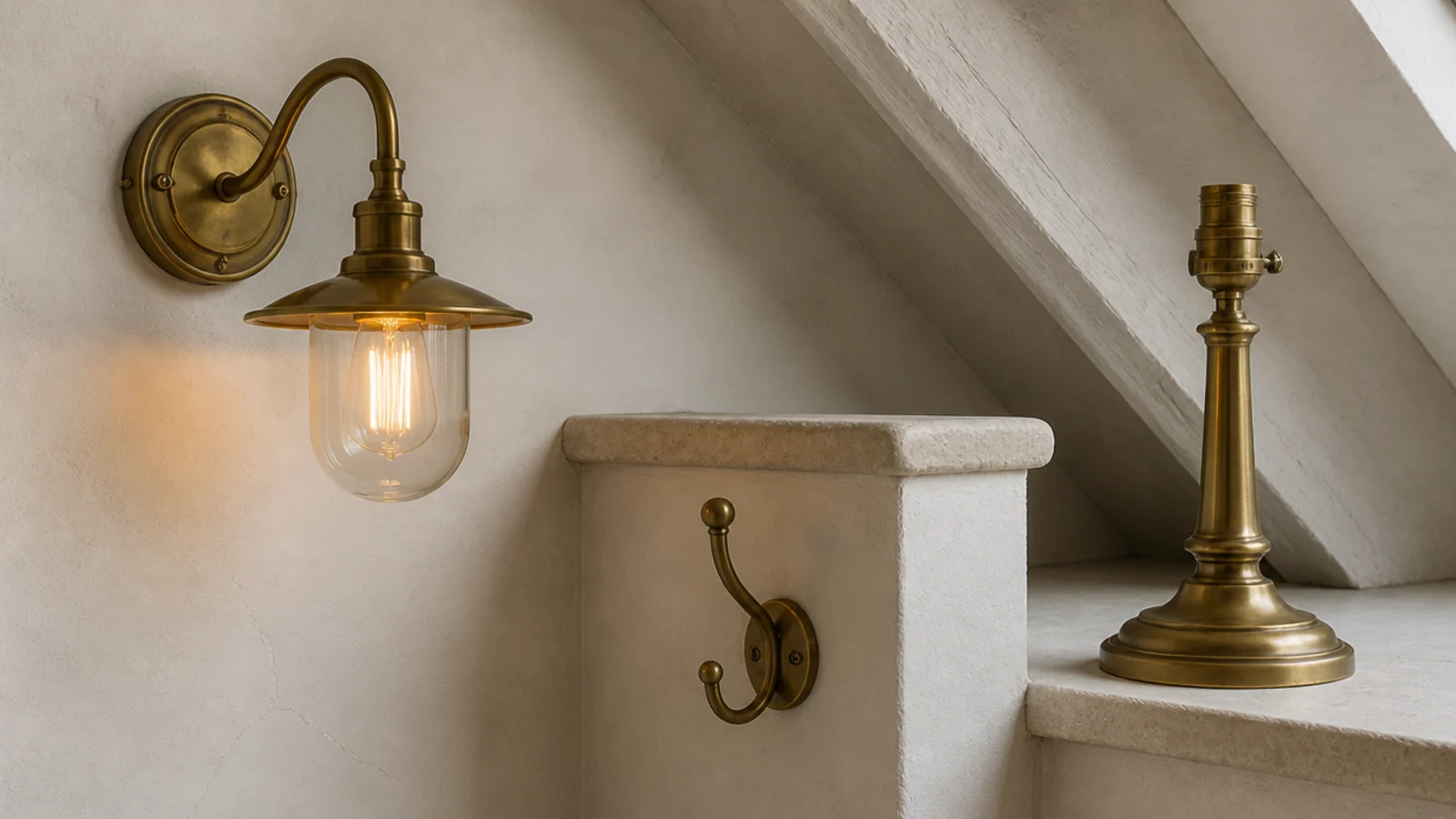 aged brass wall light hook and lamp base repeated across an attic room