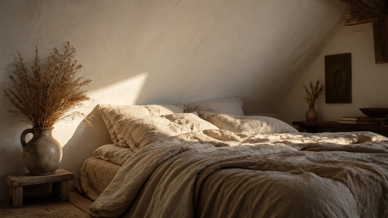 dreamy attic bedroom ideas aesthetic styling with linen bedding under soft plaster slopes