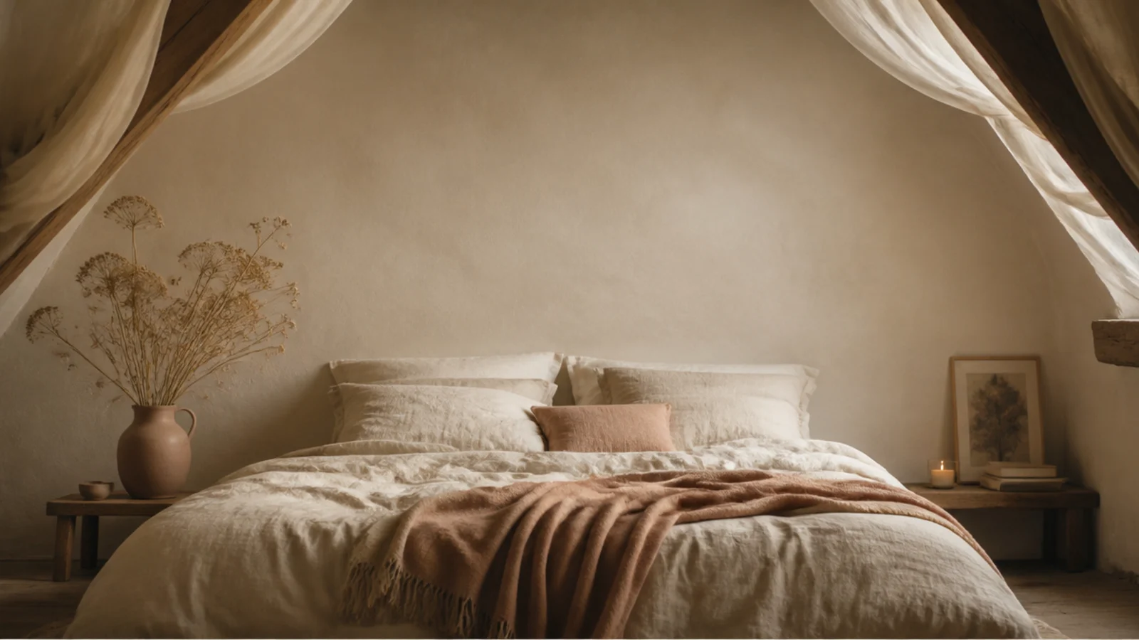 tall dreamy attic bedroom with linen bedding warm light and sloped plaster