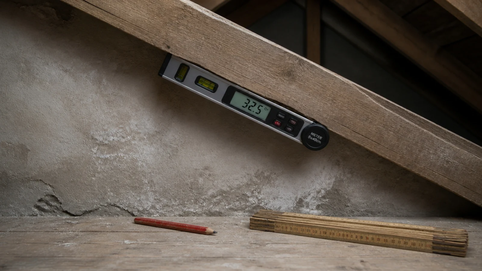 angle finder held against a sloping attic rafter to read the roof pitch