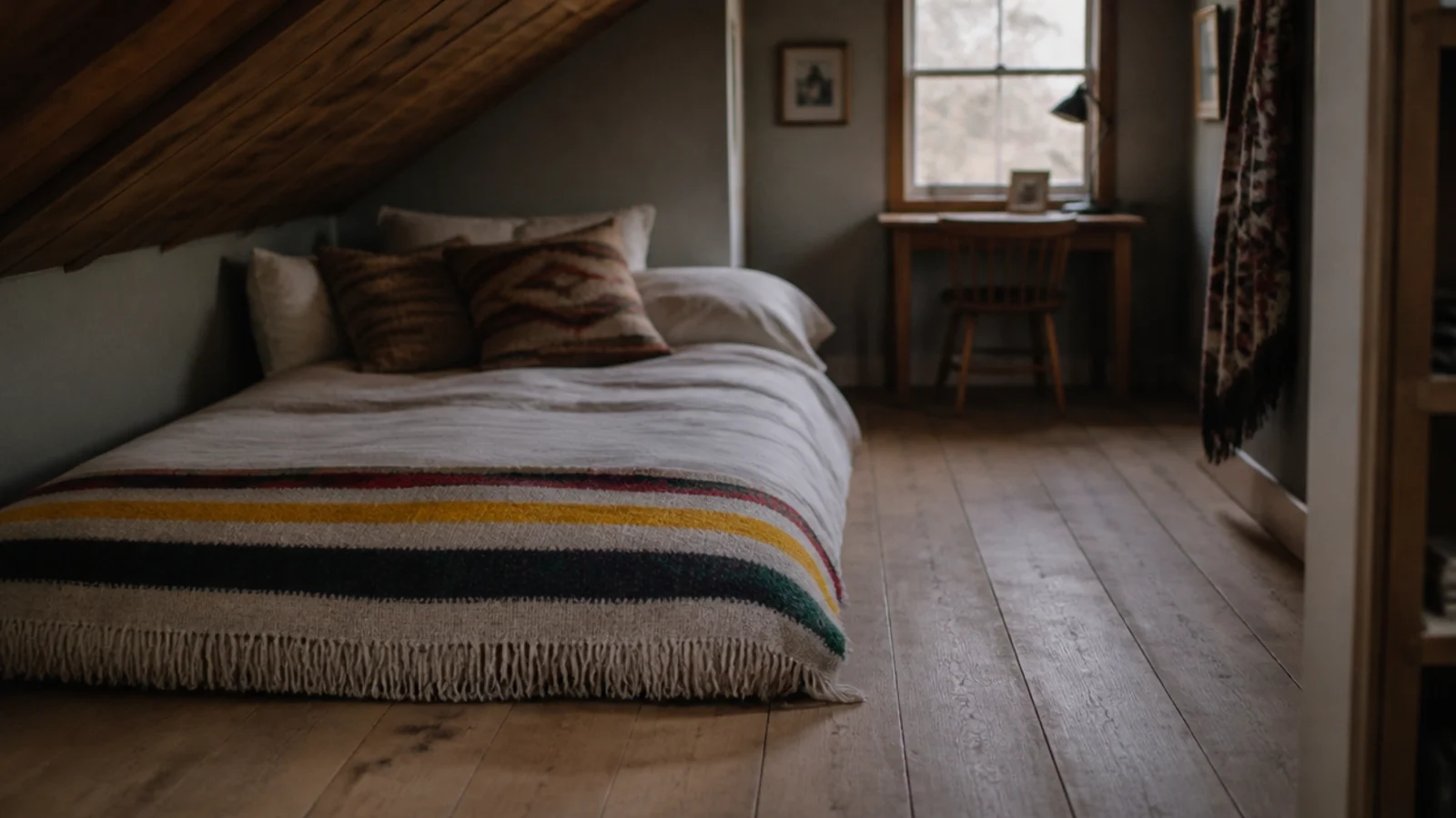 bed positioned with its length running along an angled attic ceiling