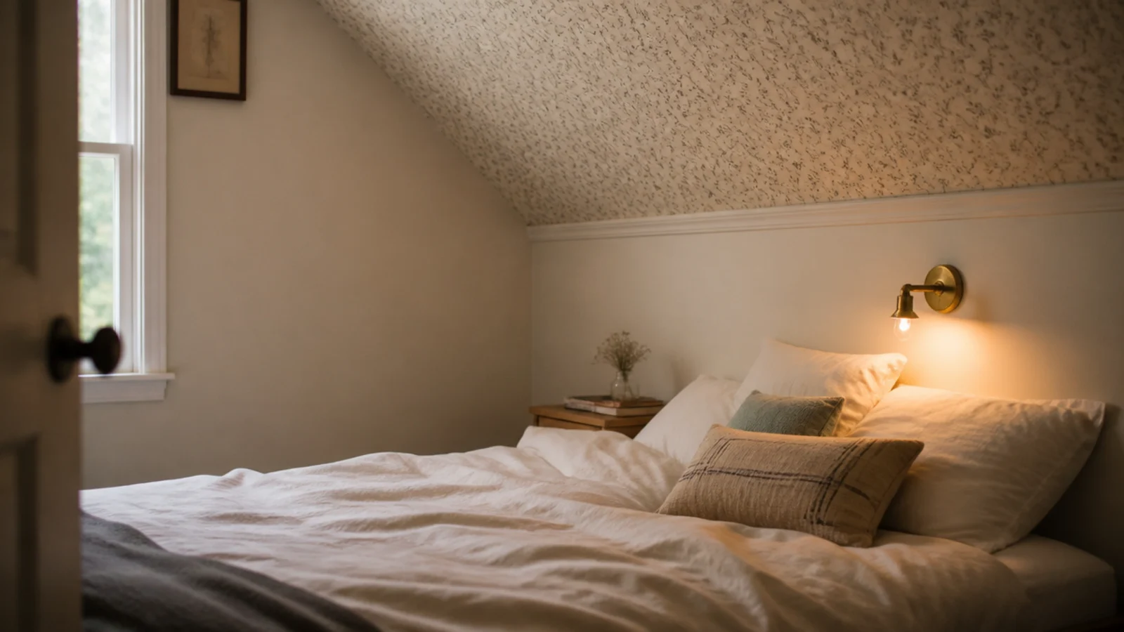 patterned wallpaper applied to an attic slope above plain painted walls