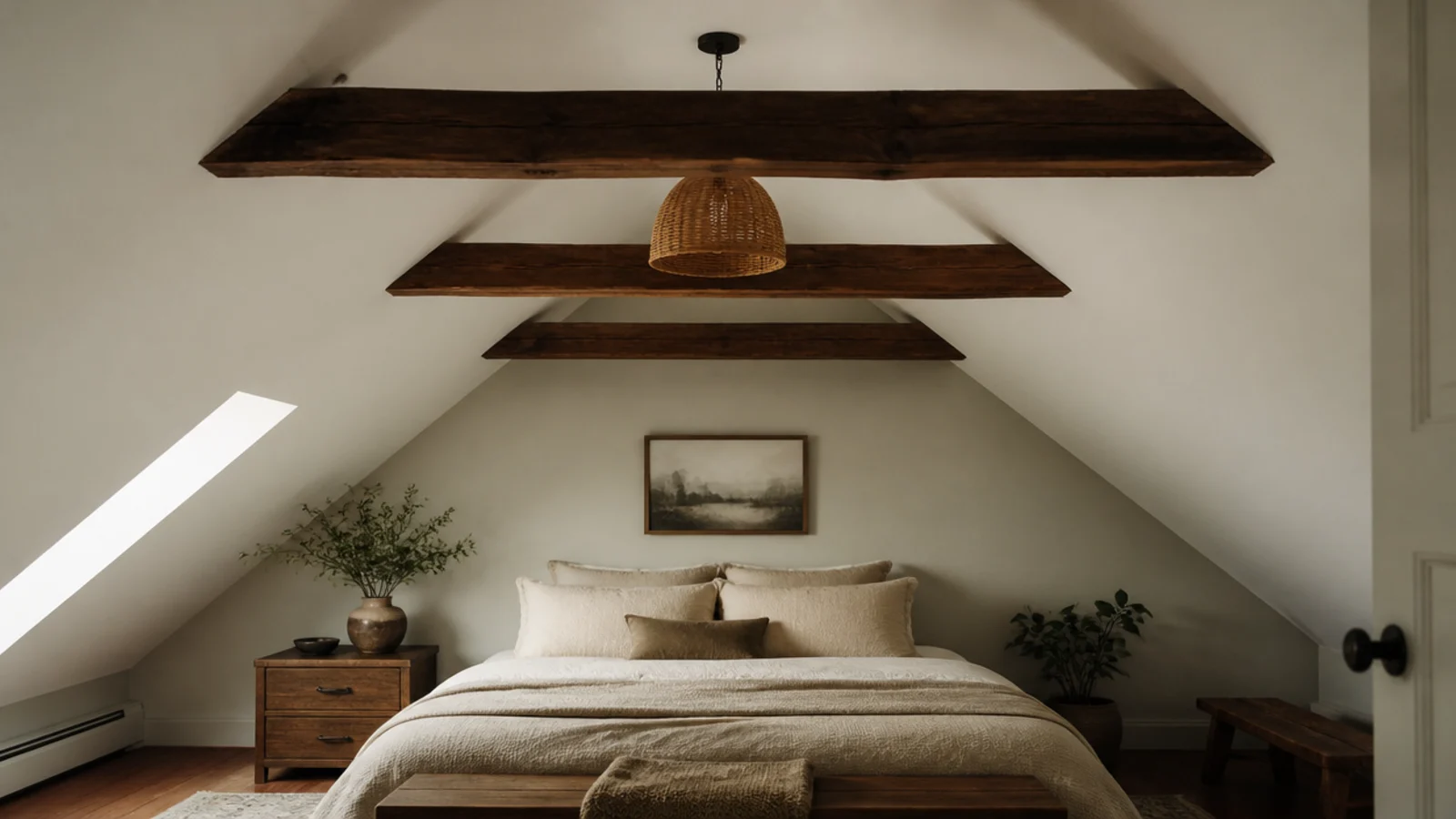 exposed dark timber beams crossing a pale painted attic ceiling slope