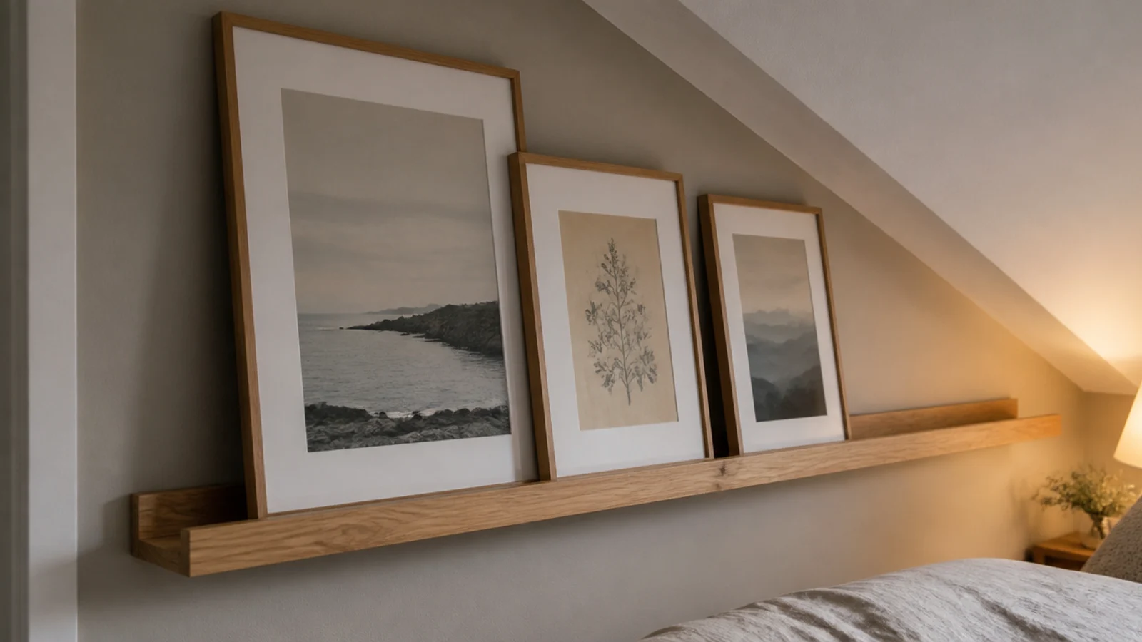 framed prints leaning on a narrow ledge below an angled attic ceiling