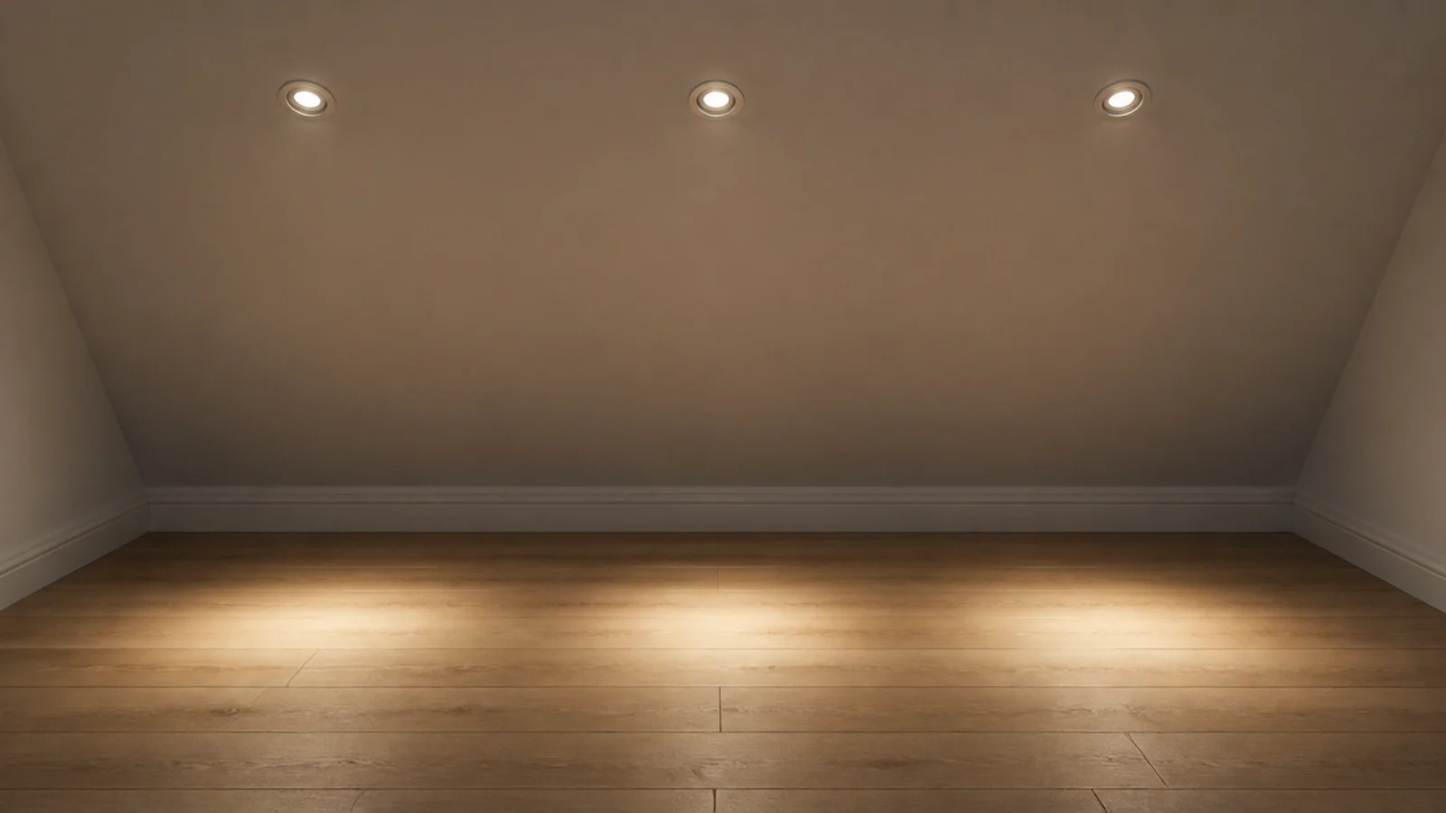 row of angled trim downlights recessed into a pitched attic ceiling