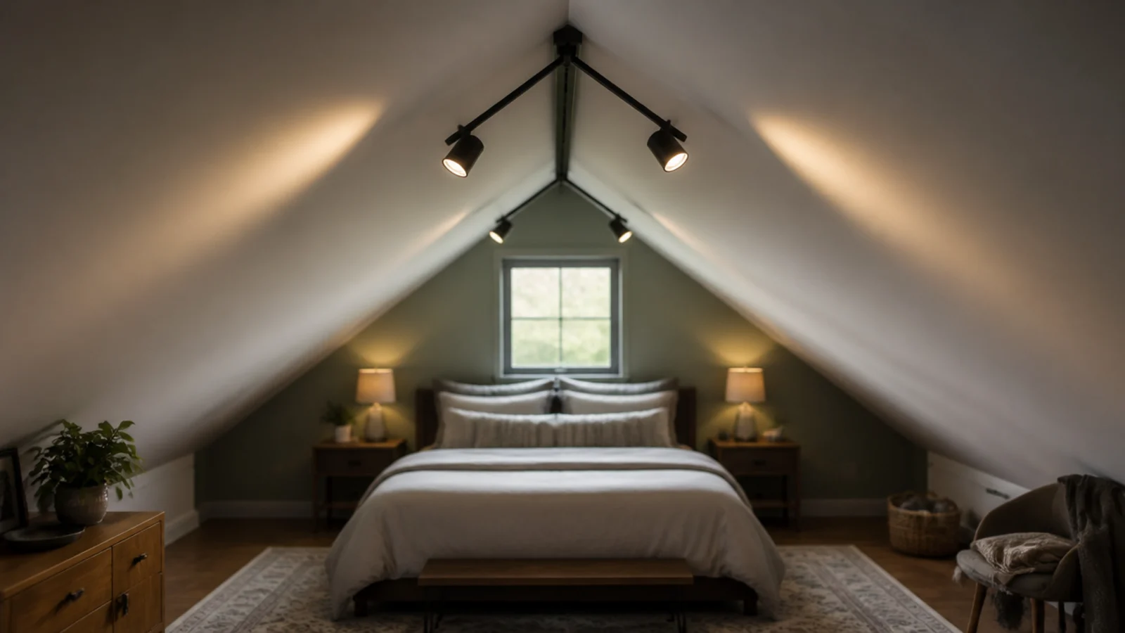 slim black track light running along the ridge of an angled attic ceiling