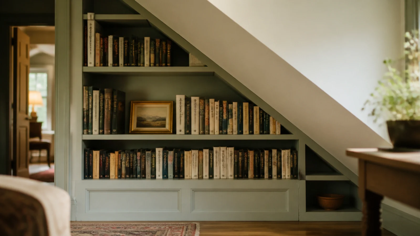 low bookcase built to follow the descending line of an attic ceiling