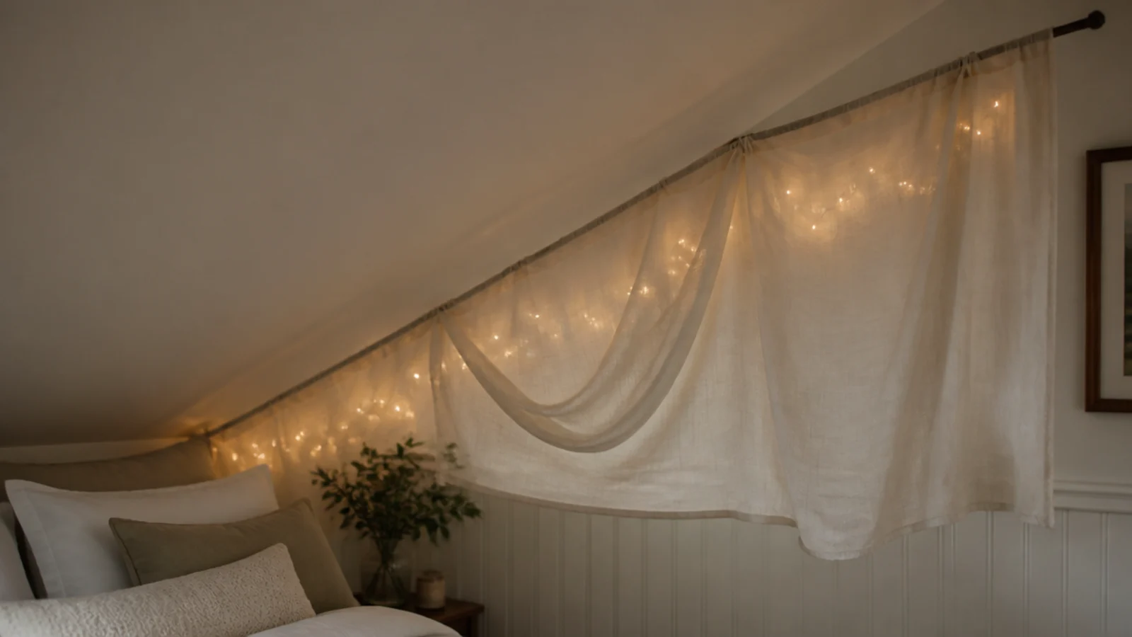 length of soft fabric draped along an attic ceiling angle above a bed