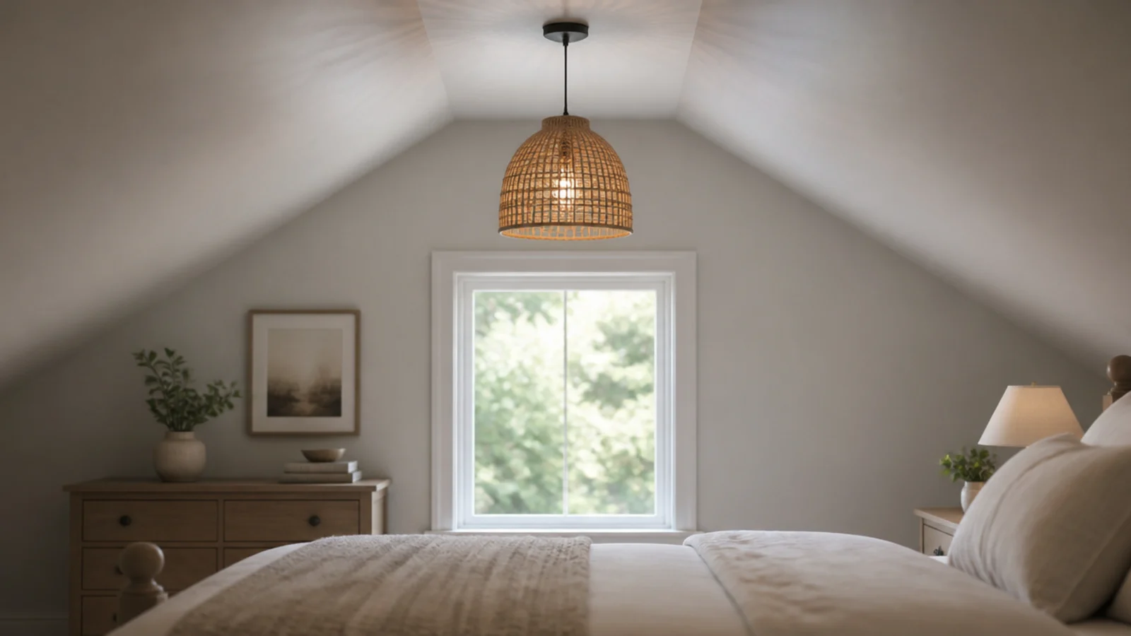 woven pendant hanging from the flat central section of an attic ceiling