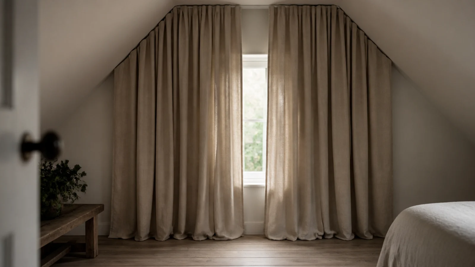 floor length curtains hung at ceiling height on an attic gable wall