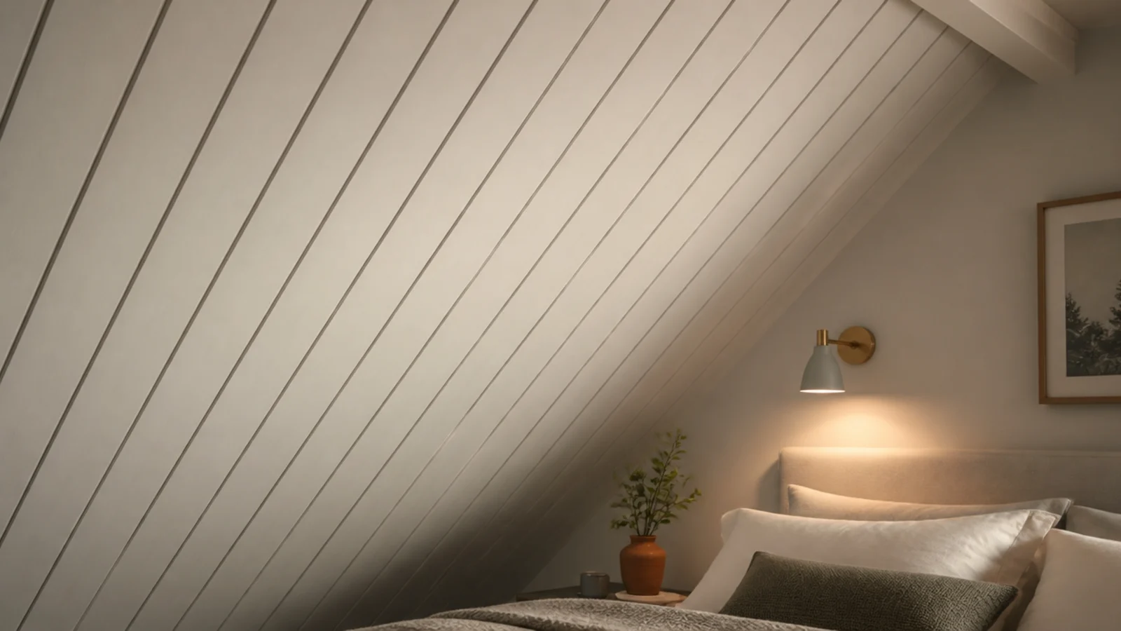 painted cladding boards running up an attic slope toward the ridge