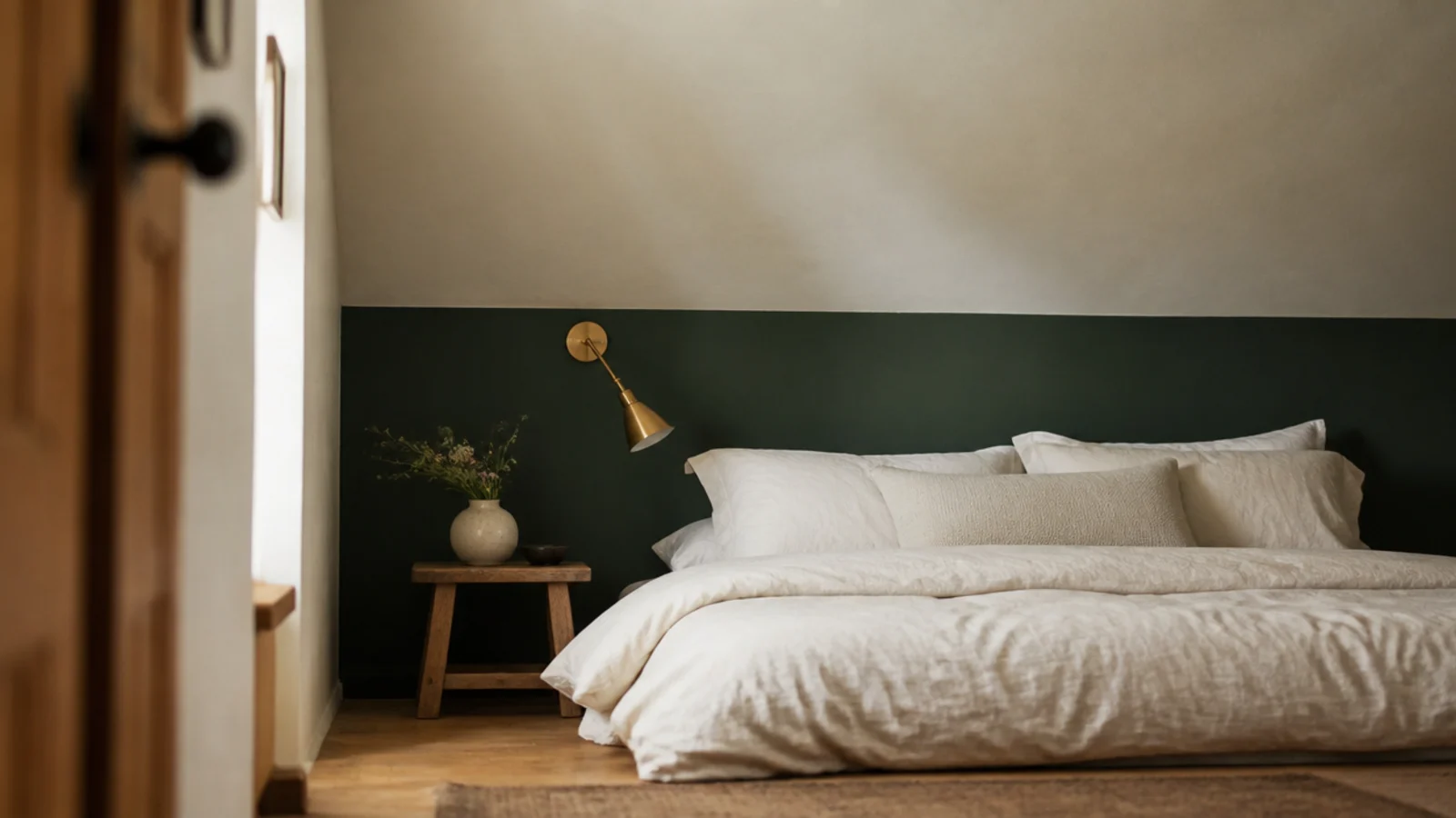 attic room with dark painted knee wall below a pale sloping ceiling