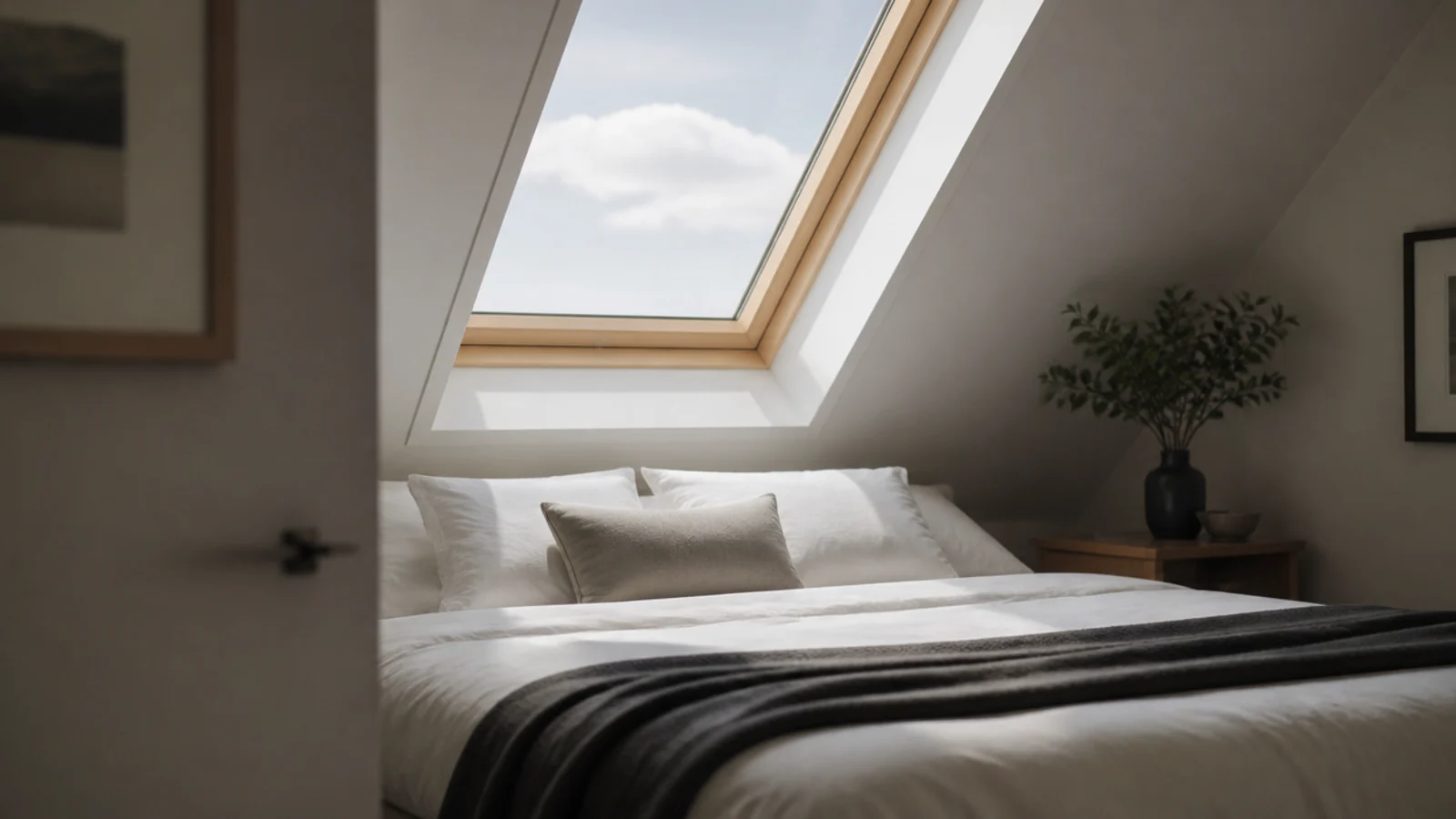 skylight fitted into a steep attic slope directly above a made bed