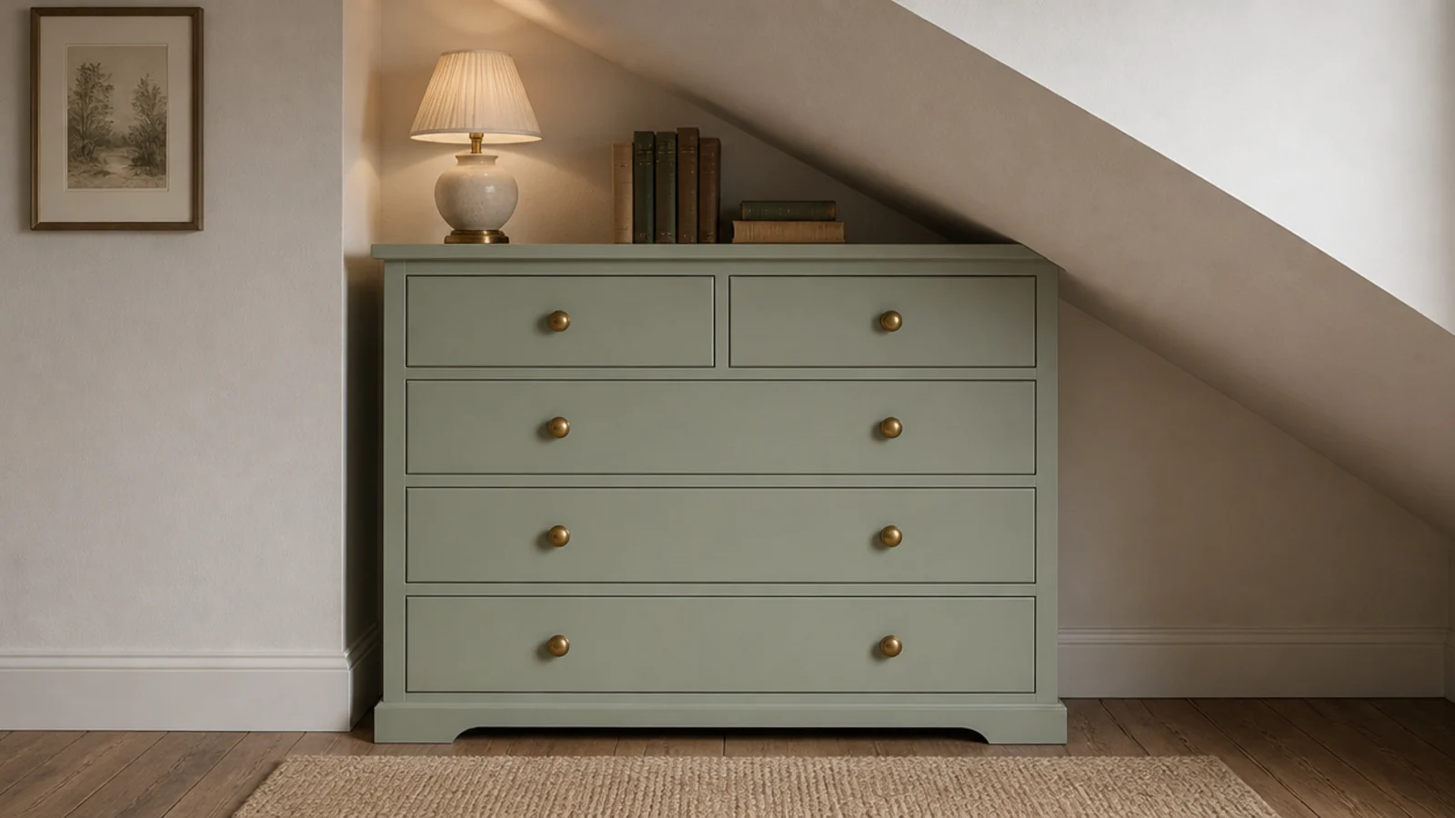 chest of drawers with its back edge trimmed to sit under a slope