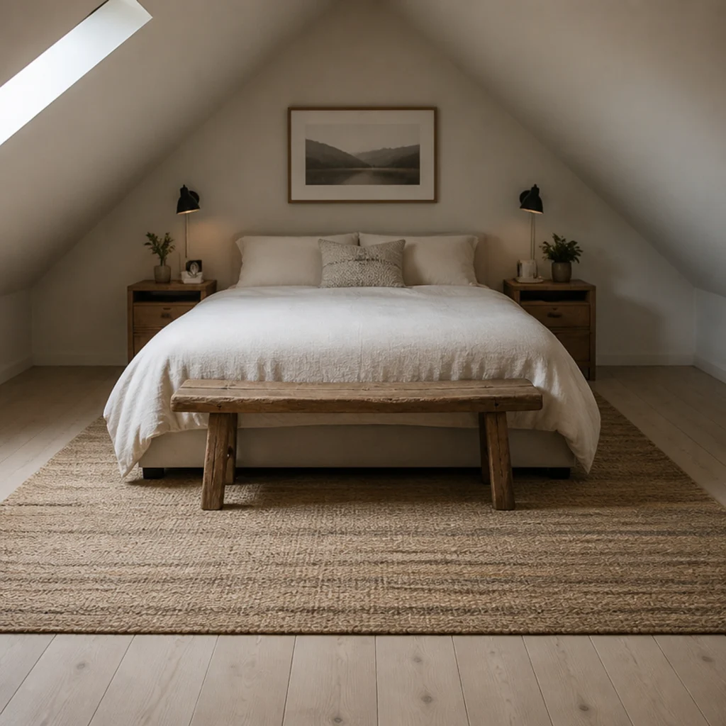 rectangular rug laid square to the floor beneath angled attic ceilings