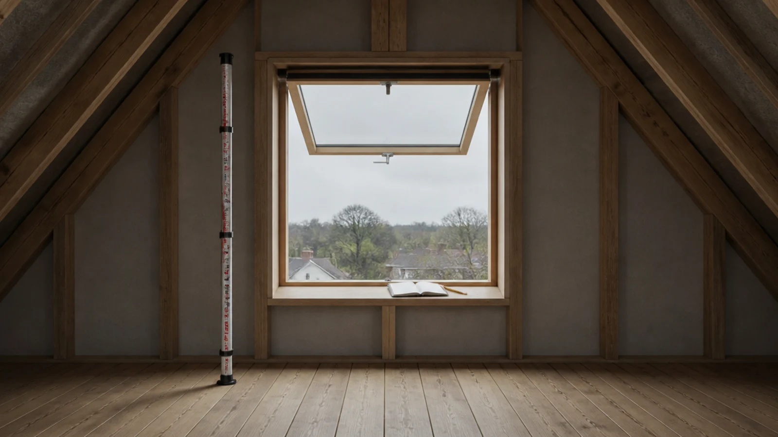measuring pole held vertically in an attic beside an open escape window