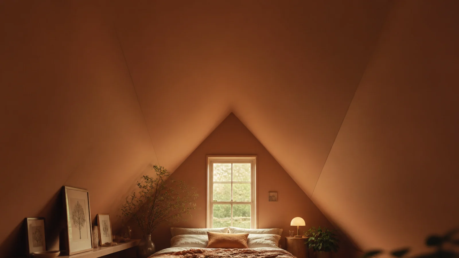 vertical view of an angled ceiling attic bedroom painted in one soft tone