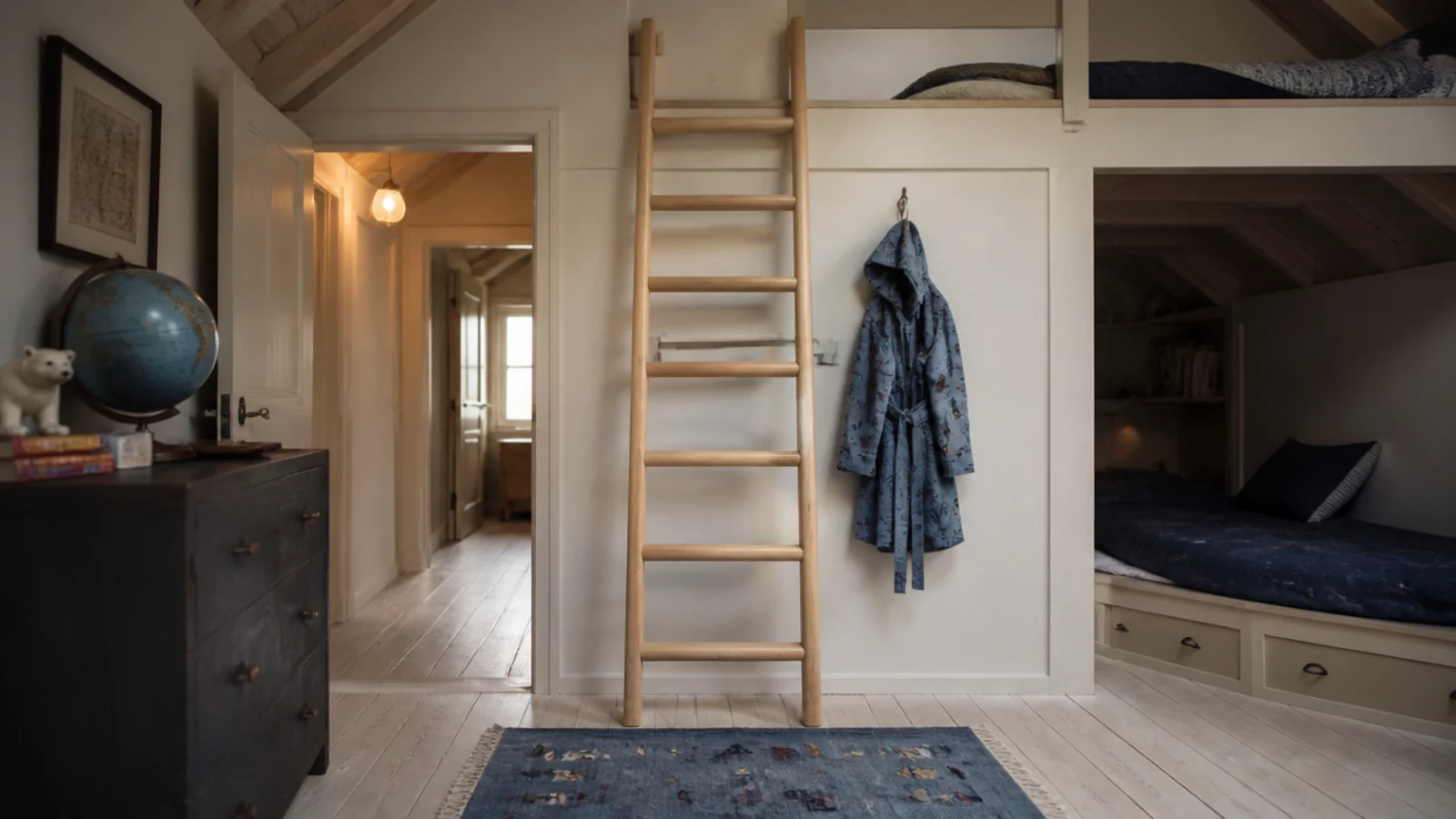 bunk ladder positioned where the attic ceiling is at its tallest