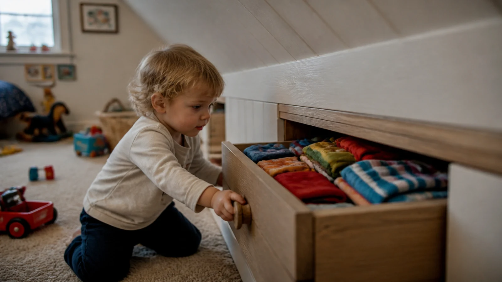 child reaching easily into a low knee wall drawer full of clothes