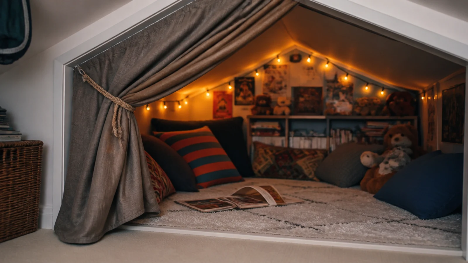 small play den built into the low eaves of a childs attic bedroom