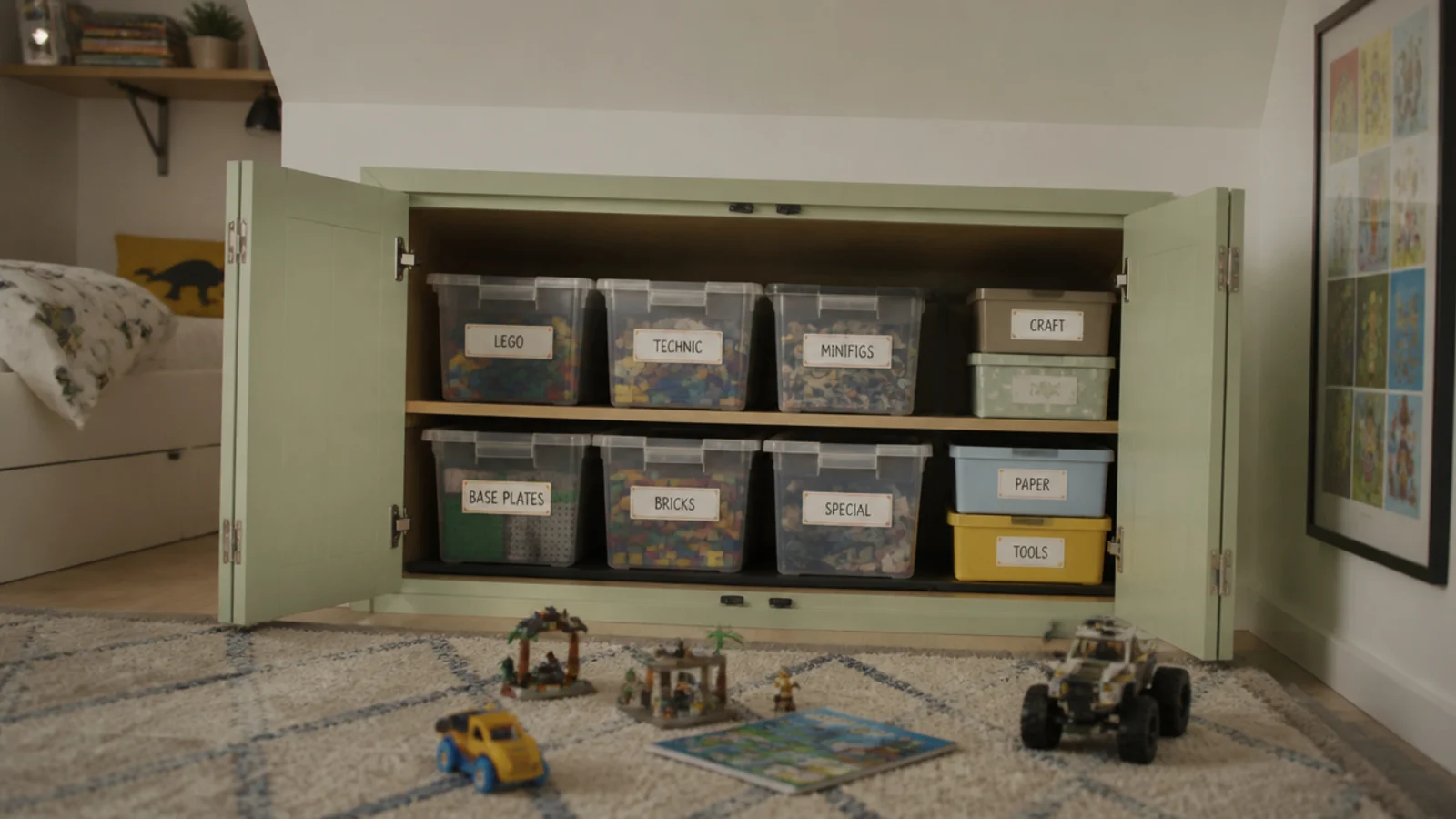 deep knee wall cupboard holding labelled toy boxes in a loft
